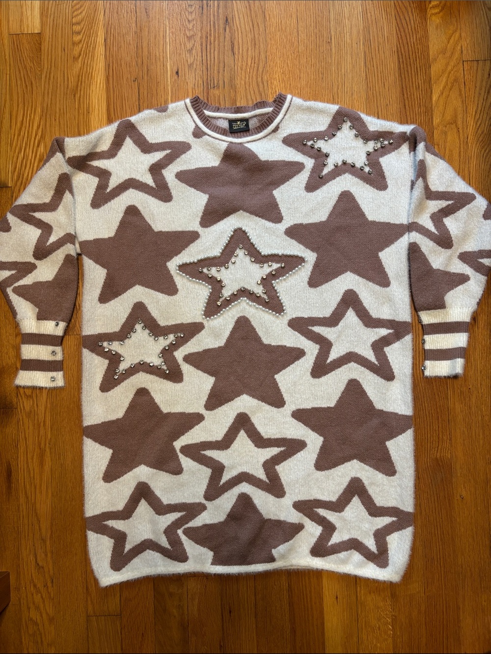 Wool-Blend Star Pattern Crewneck Sweater and Pants Set - Brown & Cream